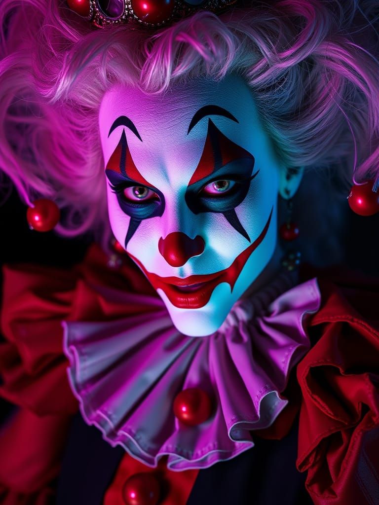 Creepy Clown Queen in Blacklight Horror Style