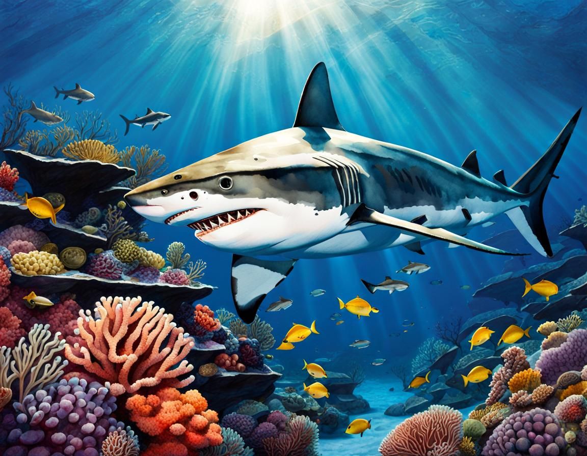 Underwater Shark Landscape in Watercolor Style