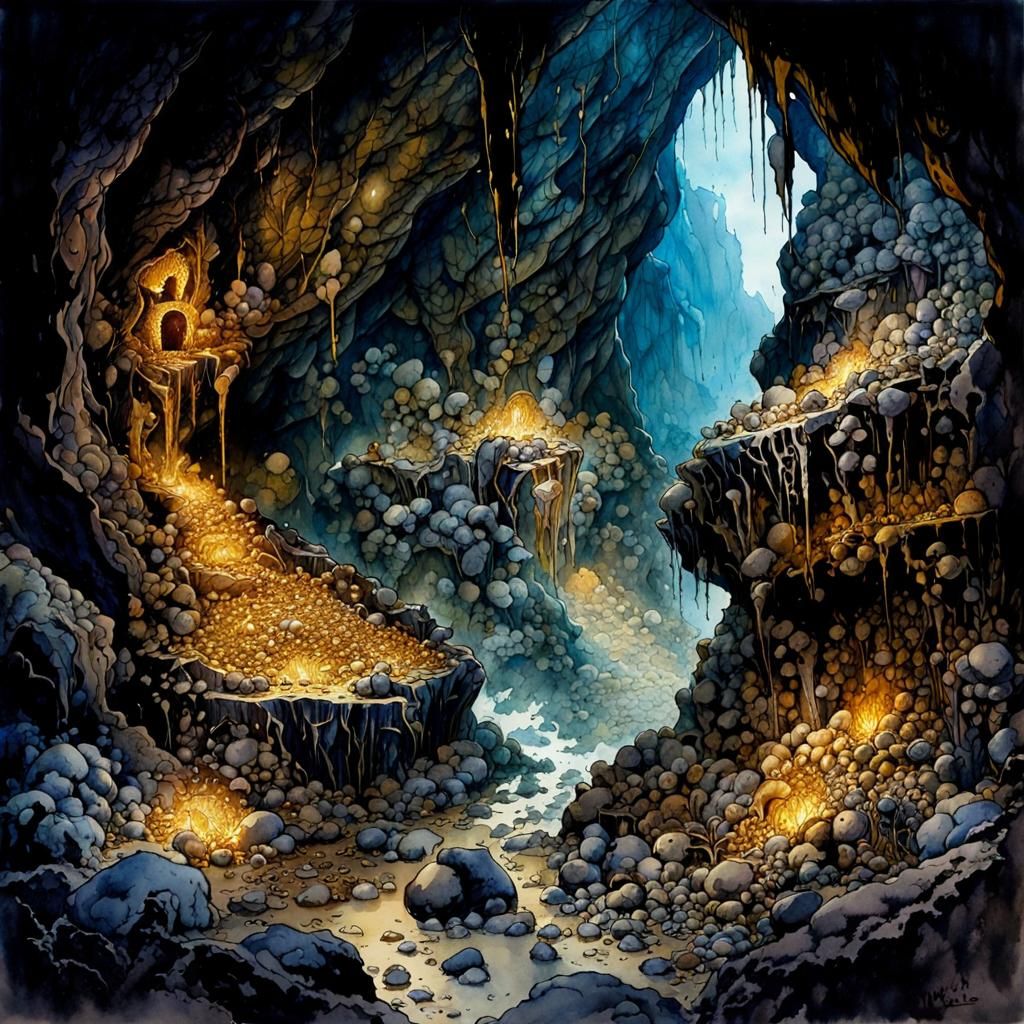 Treasure Hoard in Dark Cave Watercolor Painting