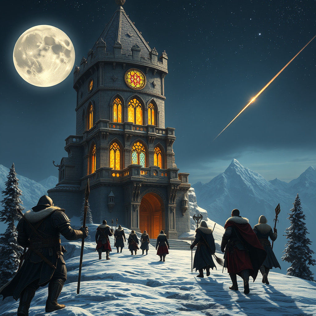 Adventurers Arrive at Magician's Tower in Fantasy Landscape