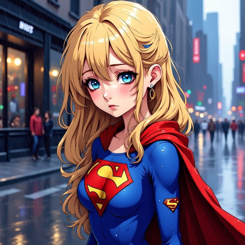 Ethereal Supergirl in Rainy Cityscape