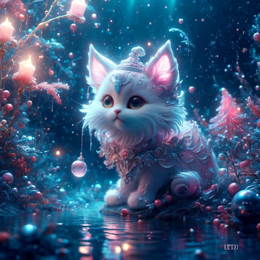 Glowing Christmas Kitten Underwater in Moonlight