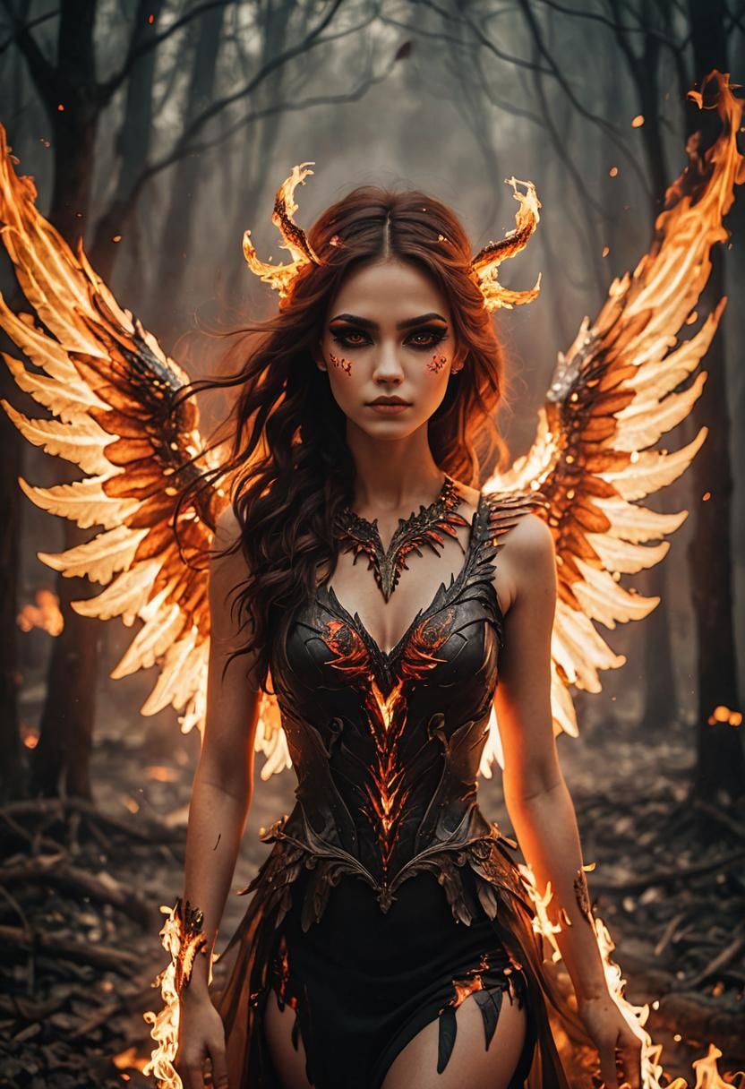 Fiery Winged Creature with Dark Makeup