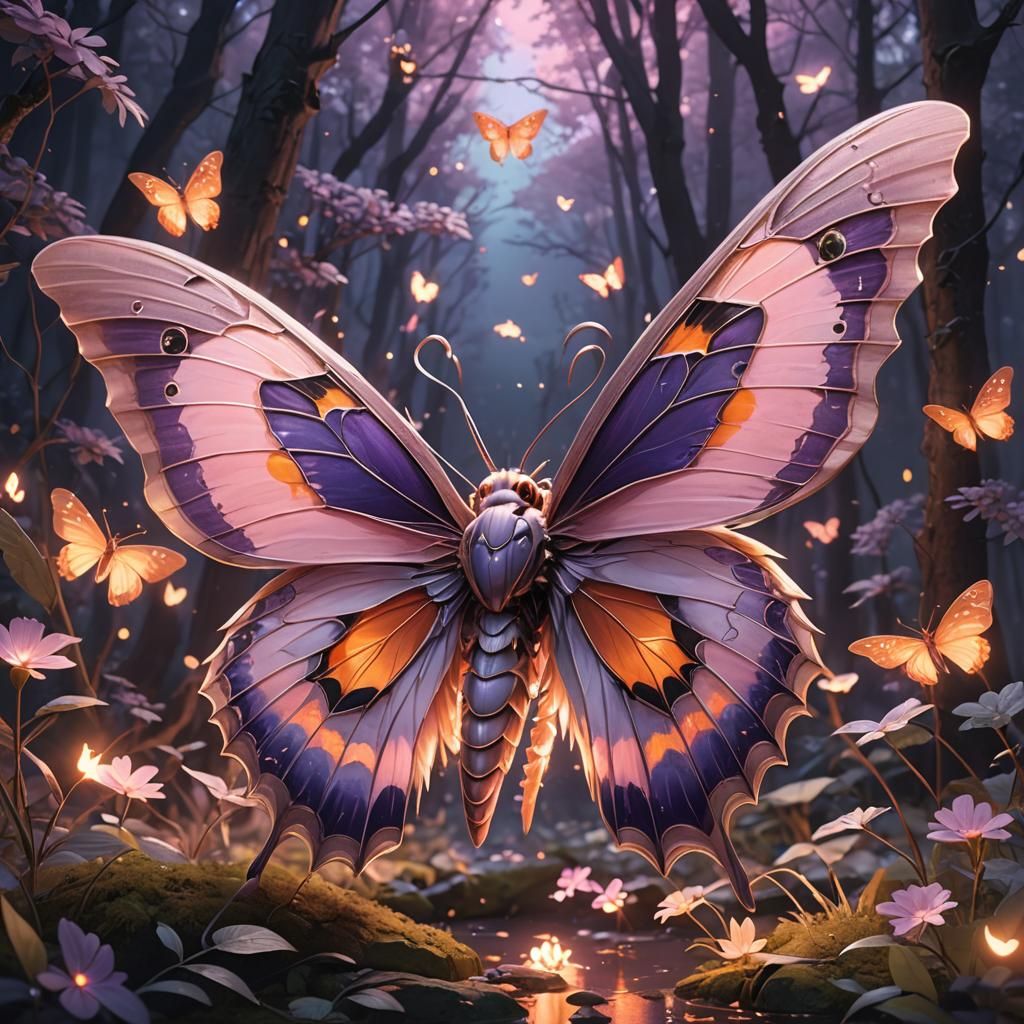 Fantasy Moth in Forest Night: 3D Anime Art