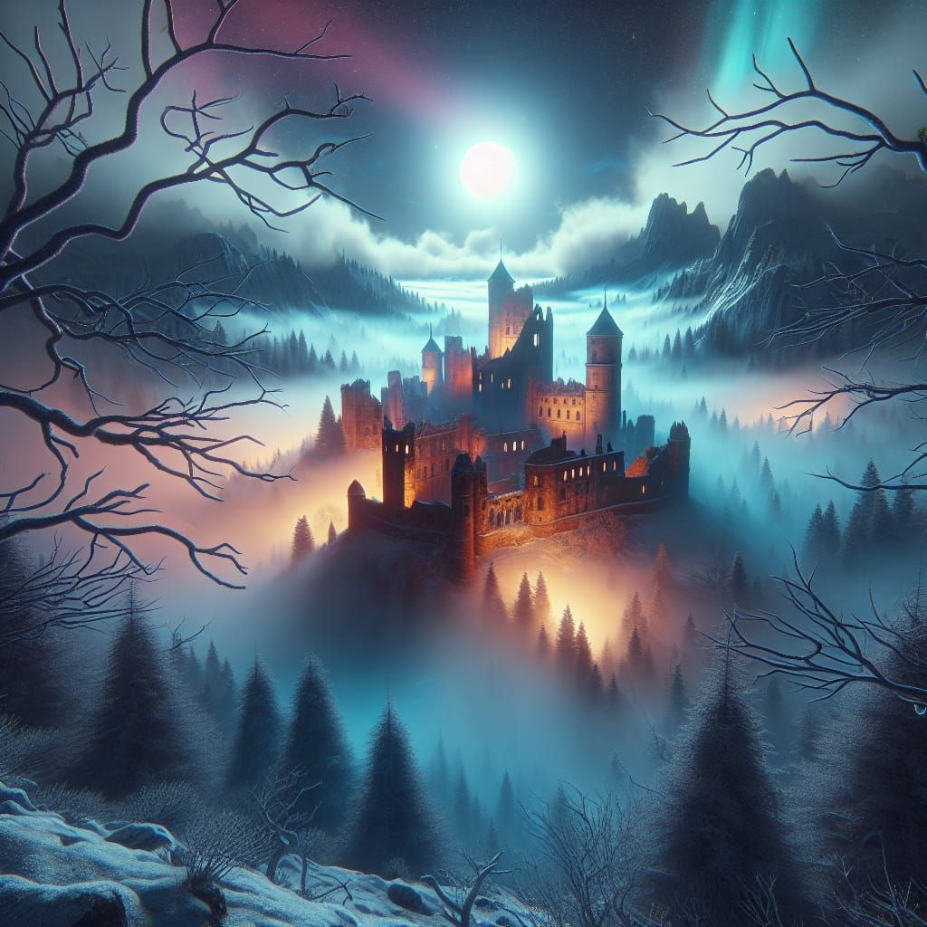 Ruined Castle in Winter Fog: 3D Photorealistic Scene