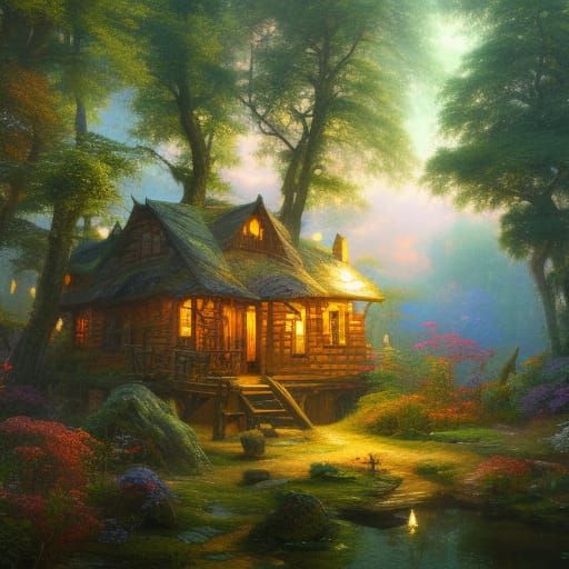 Whimsical Forest Cottage with Fireflies, Detailed Matte Pain...