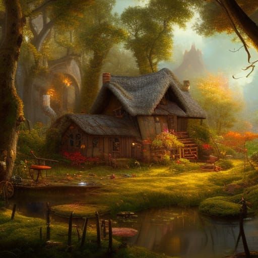 Whimsical Cottage in Forest with Fireflies