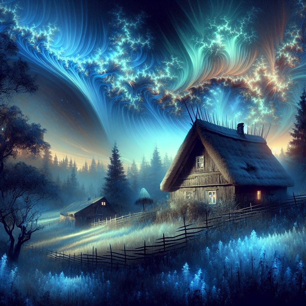 Fractal Aurora Borealis over Twilight Countryside
