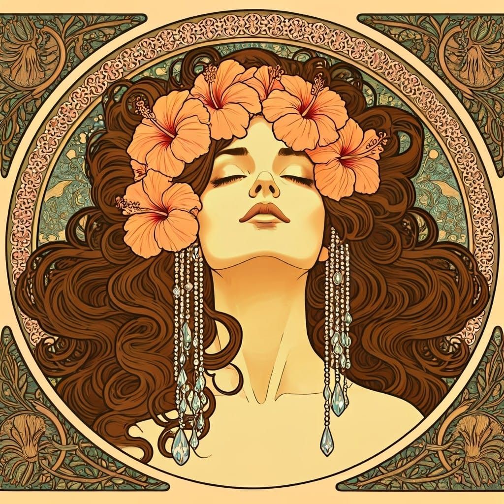 Art Nouveau Woman with Hibiscus and Crystal Beads