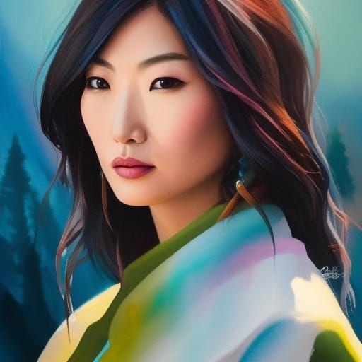 Gemma Chan Portrait in Watercolor Acrylic Splash Art