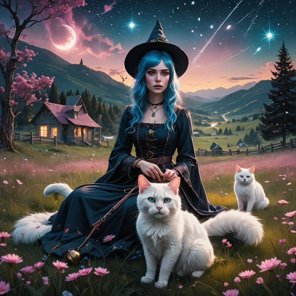 Young Witch and Cat in Starry Meadow