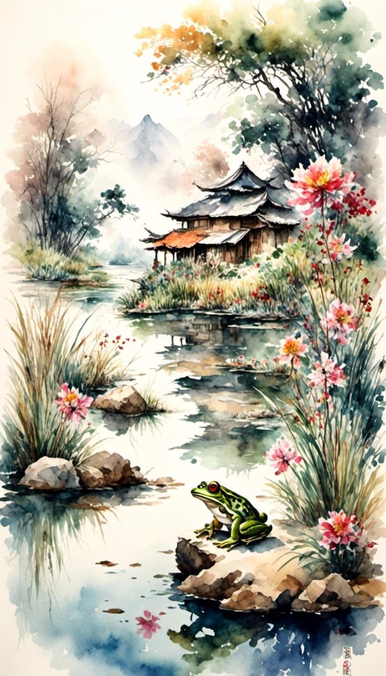 Japanese Scroll Art: Frog in Pond, Watercolor