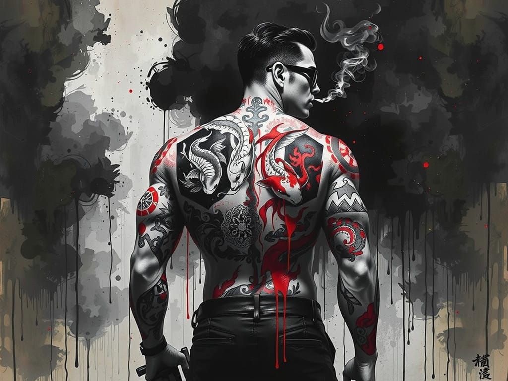 Dark Elegance: Tattooed Yakuza Gangster in Modern European I...