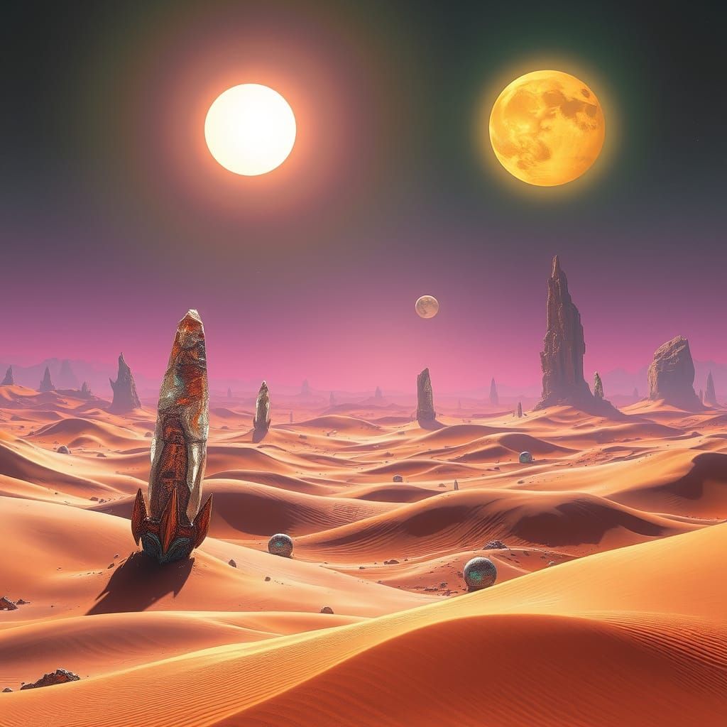 Alien Desert Planet with Twin Suns, Surreal Digital Art
