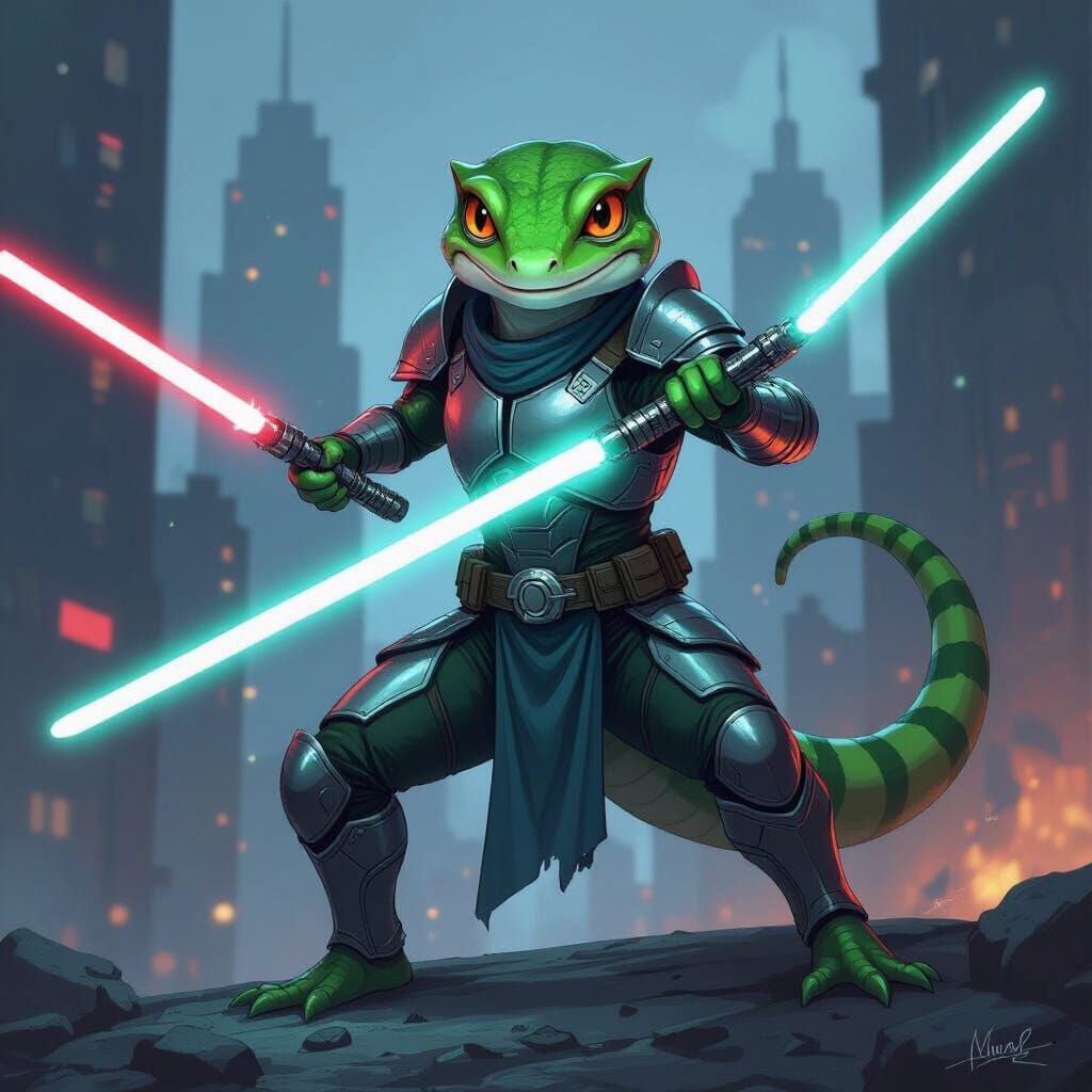 Armored Gecko Warrior in Comic Book Style