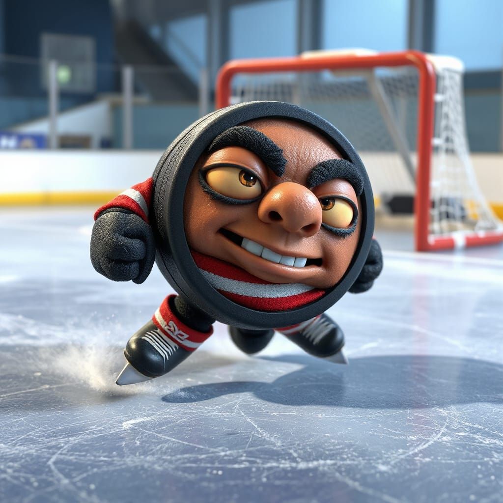 Anthropomorphic Hockey Puck Character in 3D CGI Style