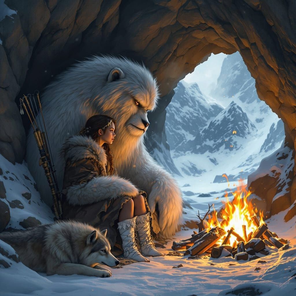 Girl and Yeti Cozy in Snowy Cave