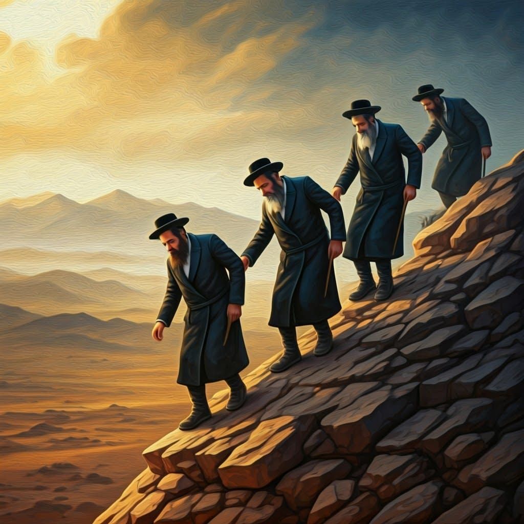 Three Bearded Hasidic Men Climb Rocky Cliff in Dramatic Moun...