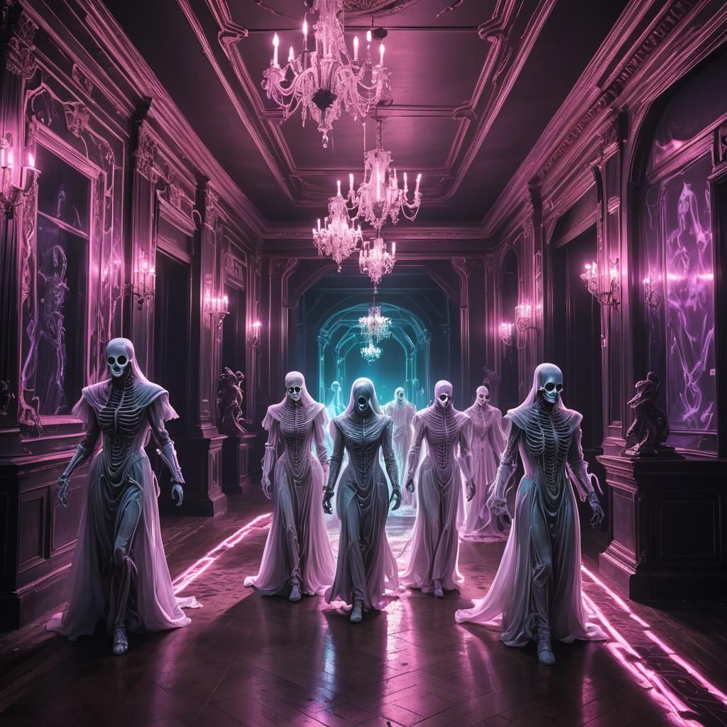 Synthwave Ghosts Chase in Neon-Lit Mansion