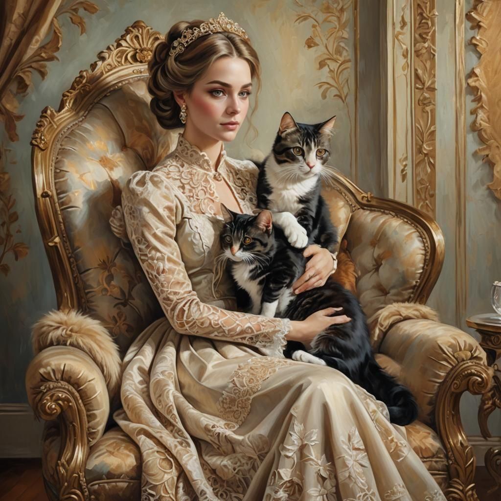 Elegant Lady with Cat in Oil Painting Style