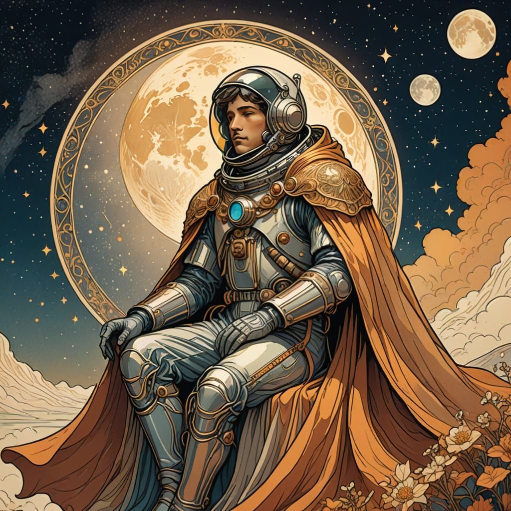 Regal Astronaut in Ethereal Moonlit Scene
