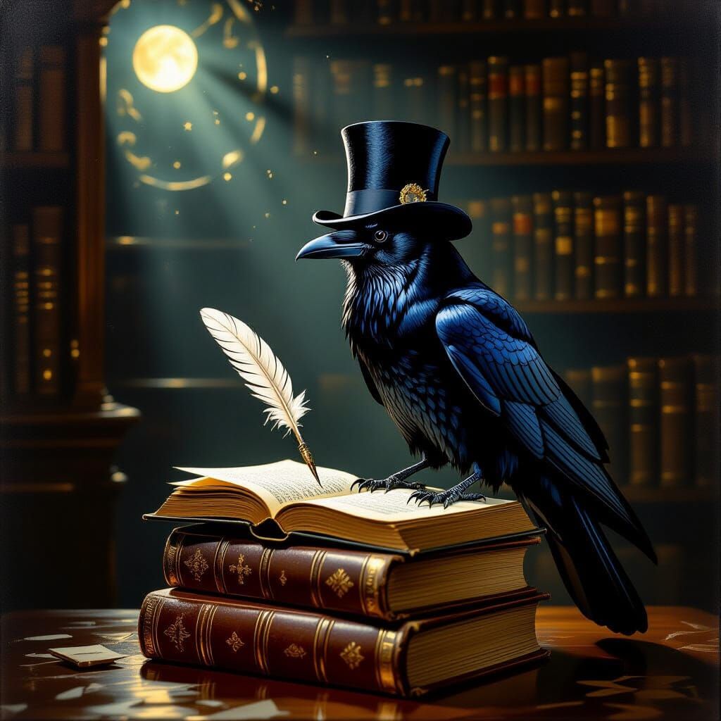 Sophisticated Raven Contemplates Literary Masterpiece in Opu...