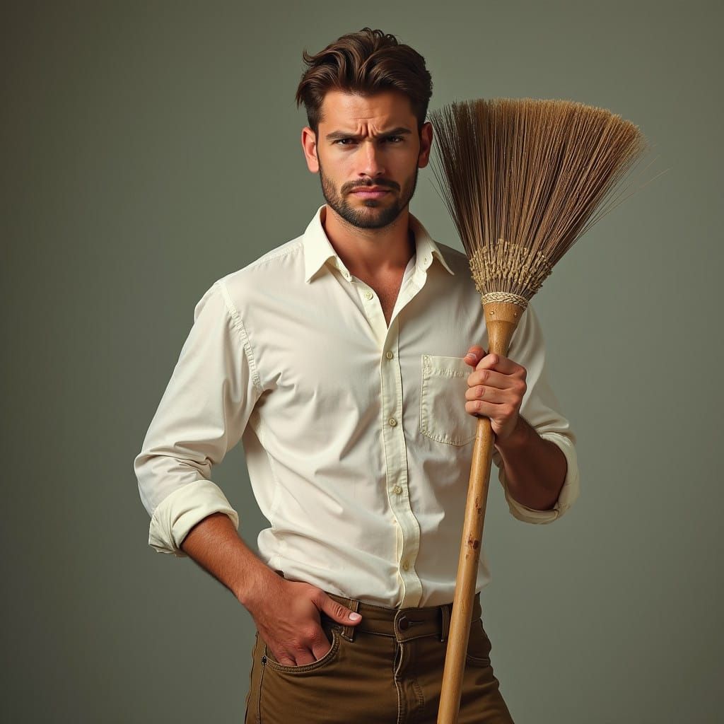 Young Man Sweeps with Frustration in Realistic HD Style