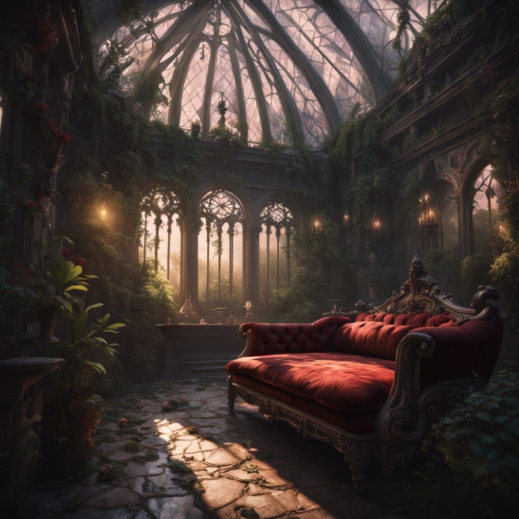 Elegant Vampire in Solarpunk Greenhouse with Lush Vegetation...