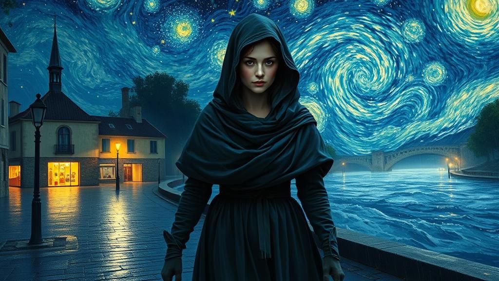 Ethereal Woman in Starry Nightscape, Mixed-Media Illustratio...