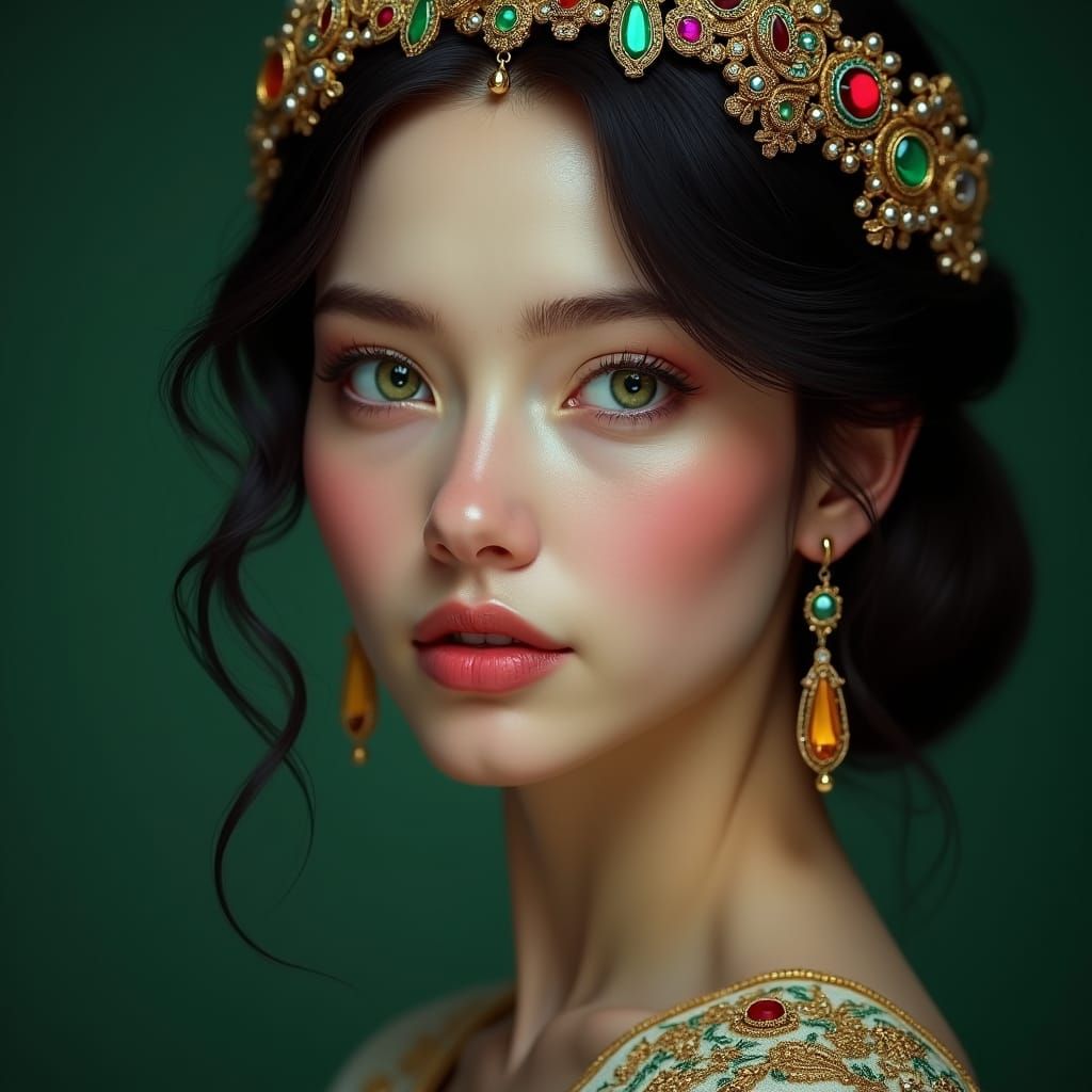 Jewel-Adorned Queen Portrait in Detailed Matte Painting Styl...