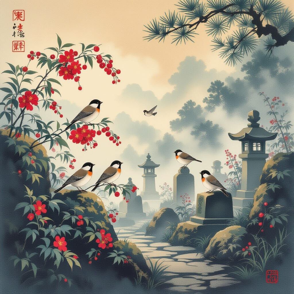 Sparrows and Spearflower Berries in Misty Graveyard