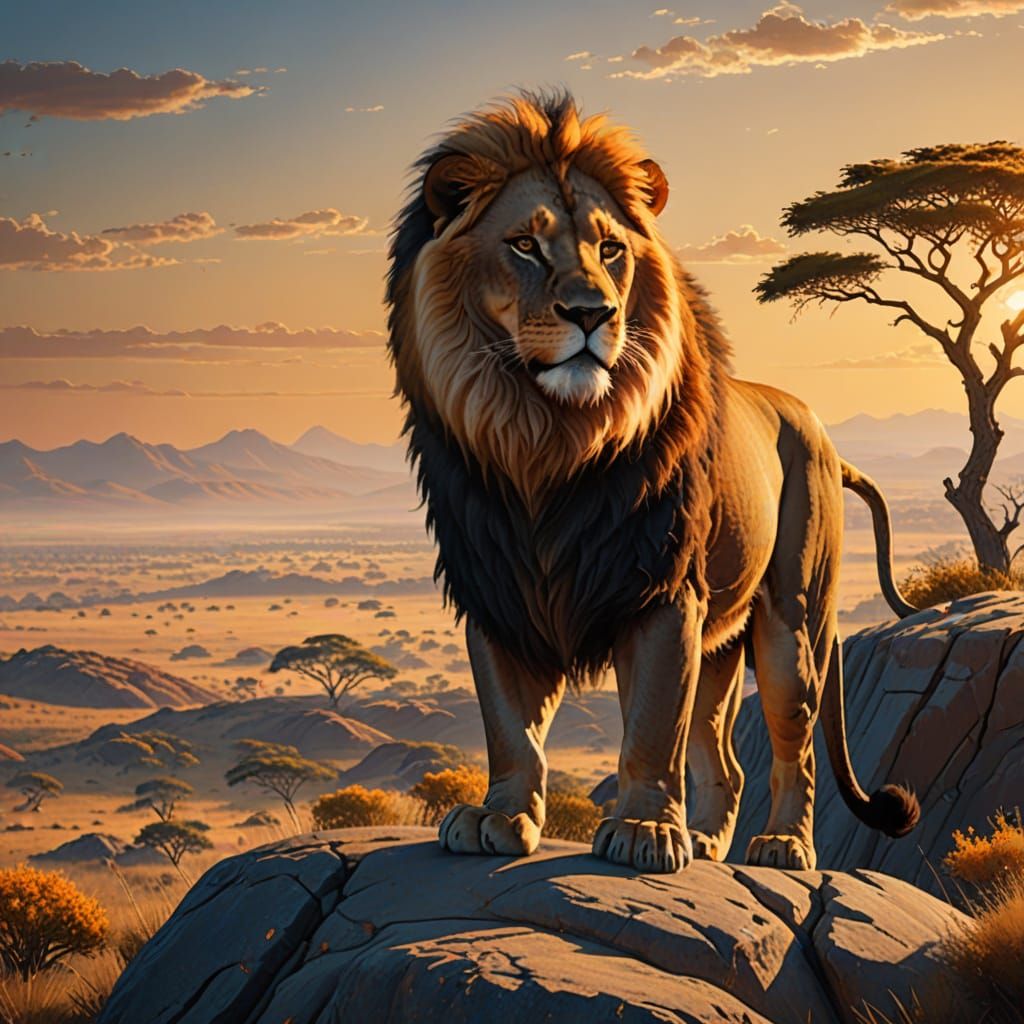 Majestic Lion Overlooks Savanna in Golden Light