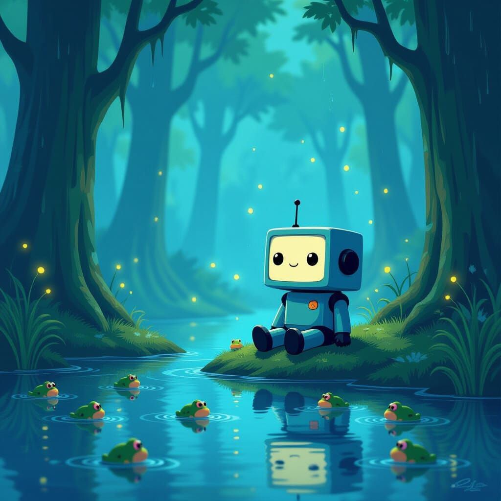 BMO Robot Beside Pond with Frogs and Fireflies