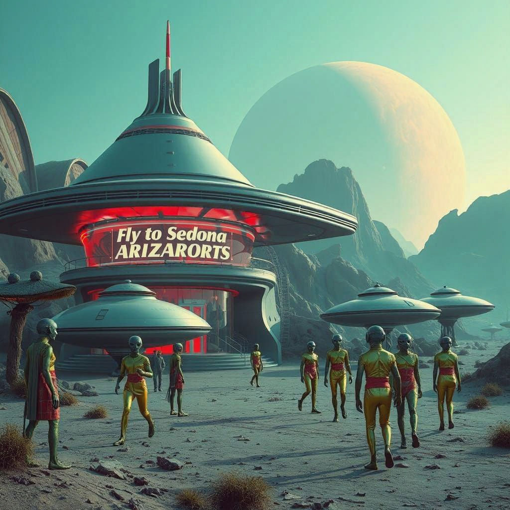 Ethereal Alien Landscape with UFO Tourist Hub