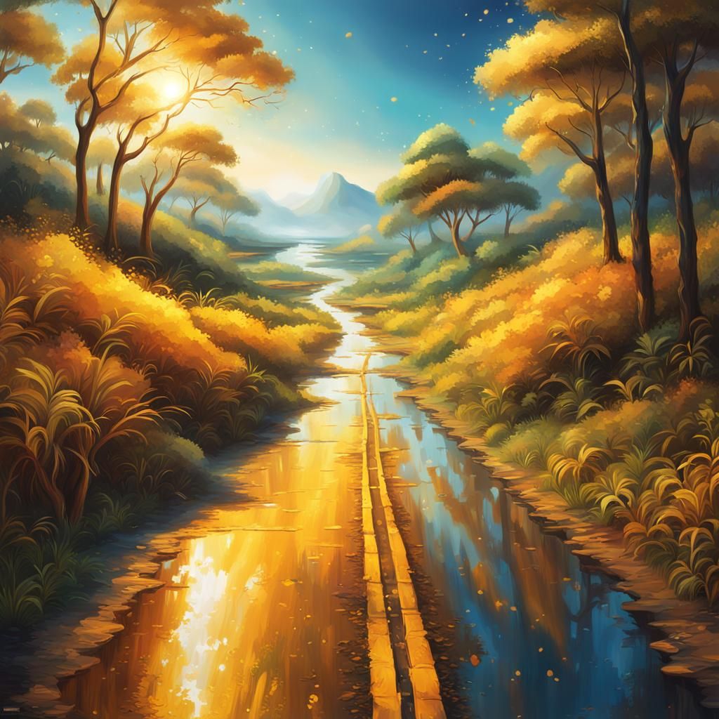 Golden Road to Paradise: Hyperrealistic Splash Art
