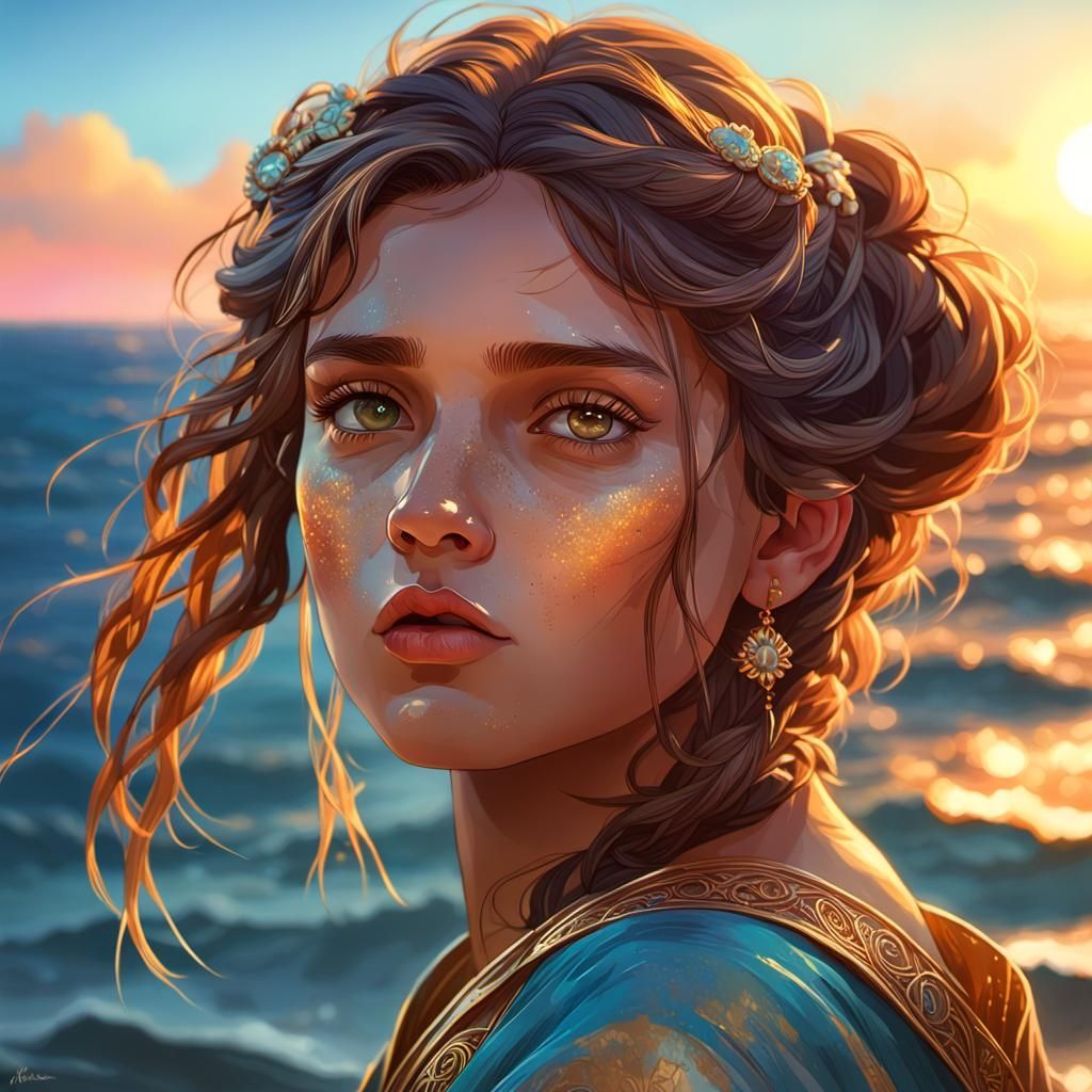 Girl Gazing at Dawn: Hyperdetailed Digital Portrait