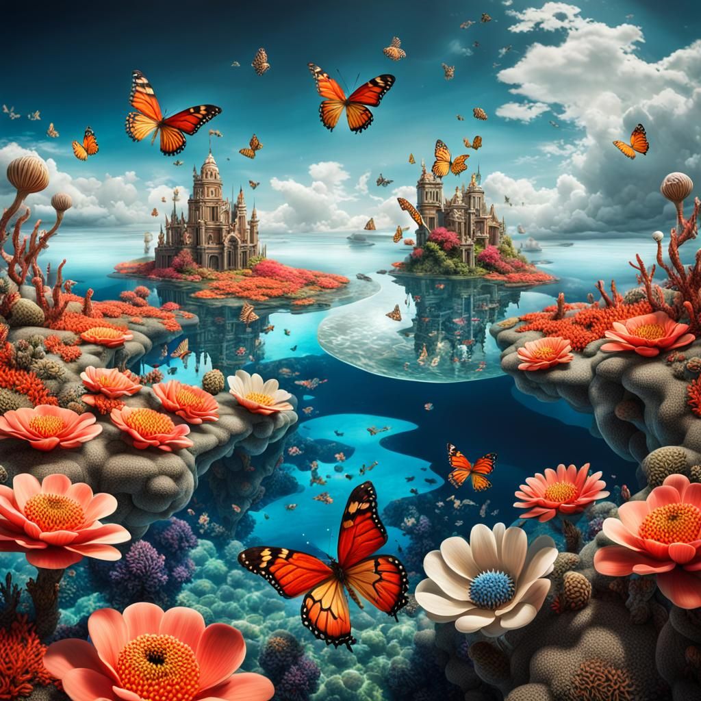 Surreal Floating Islands with Coral Reefs and Flowers
