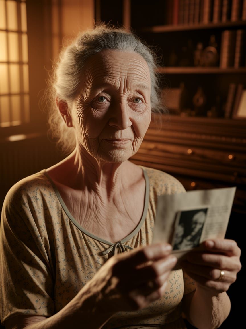 Warm Nostalgic Portrait of an Elderly Woman in a Cozy Winter...