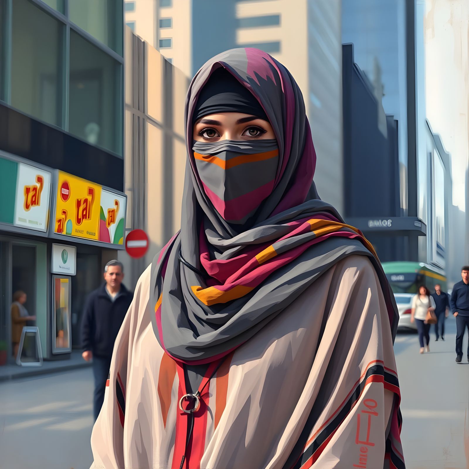 Niqabi Woman in Modern City: Vibrant Oil Painting