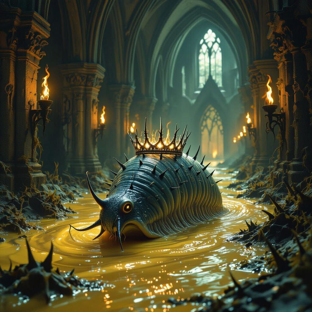 Bioluminescent Brain Slug in Gothic Cathedral