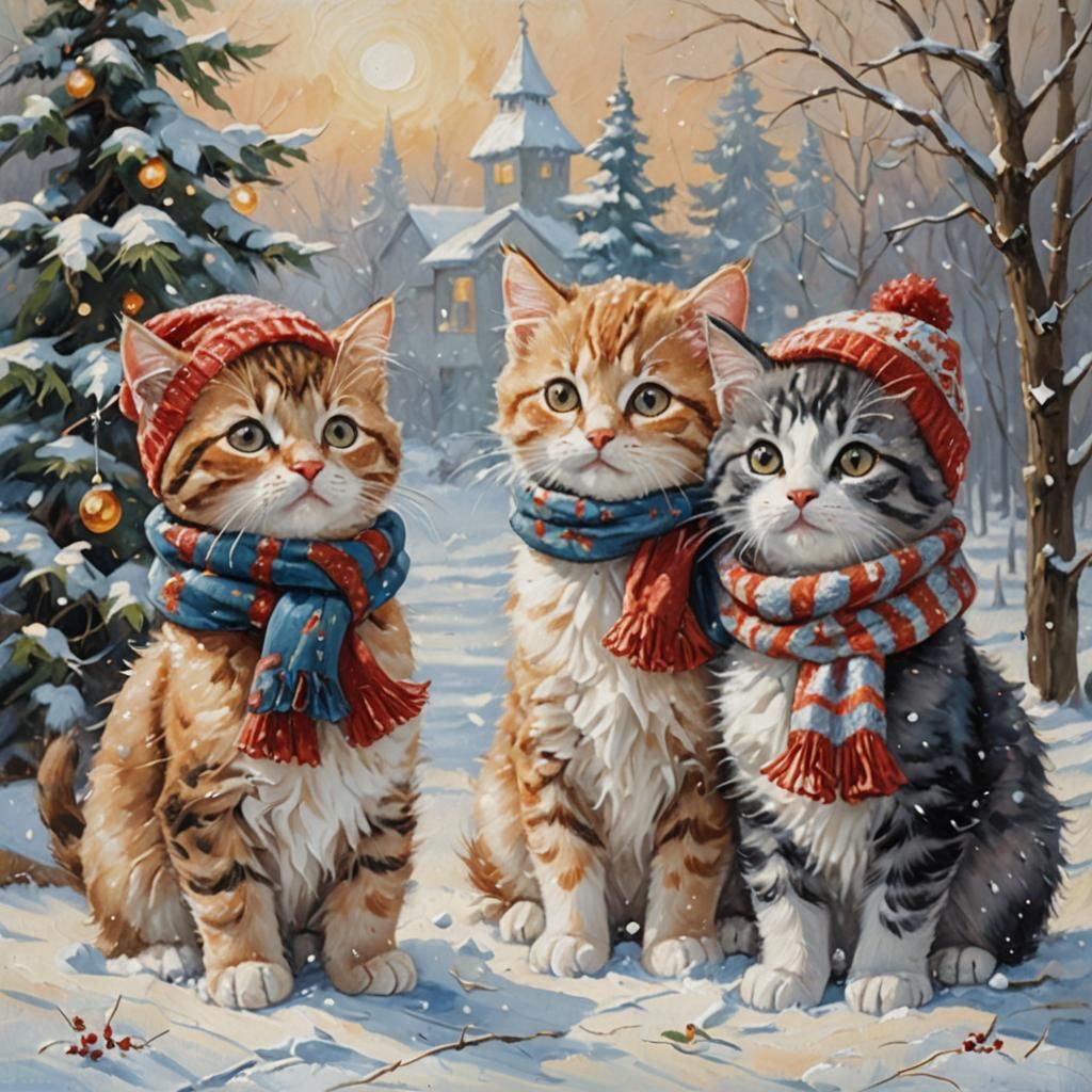 Kittens Play in Snow: Whimsical Impasto Oil Painting