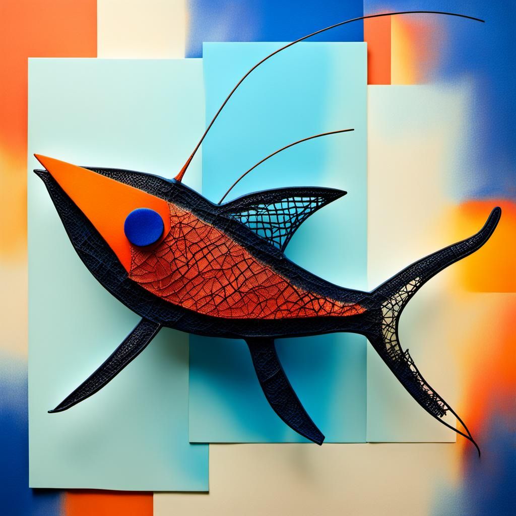 Miro-style wire sculpture of a swordfish