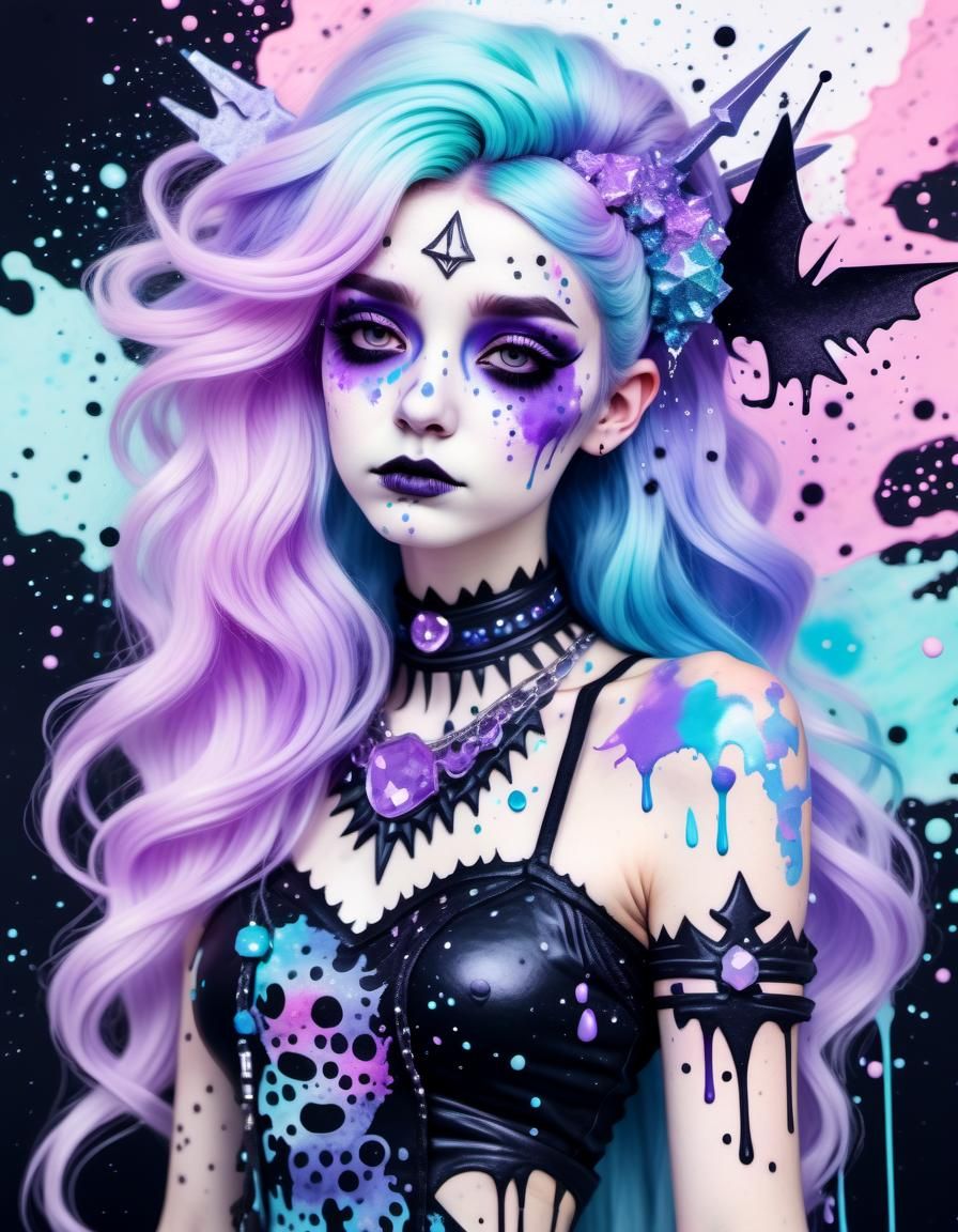 Pastel Goth Crystal Goddess with Ink Splatters