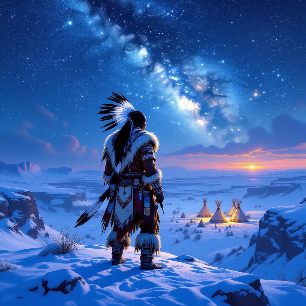 Native American Warrior on Mesa Under Starry Sky