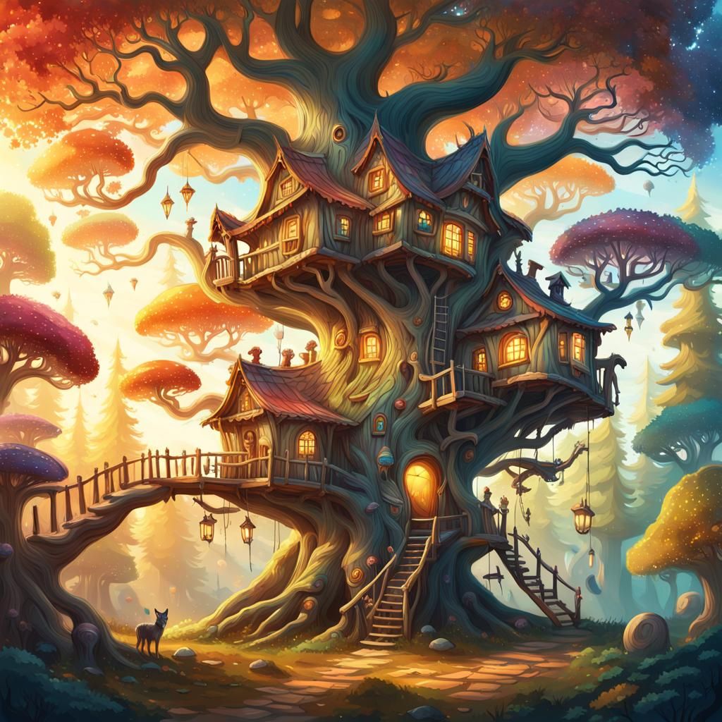 Enchanted Elven Treehouse Village with Wolves