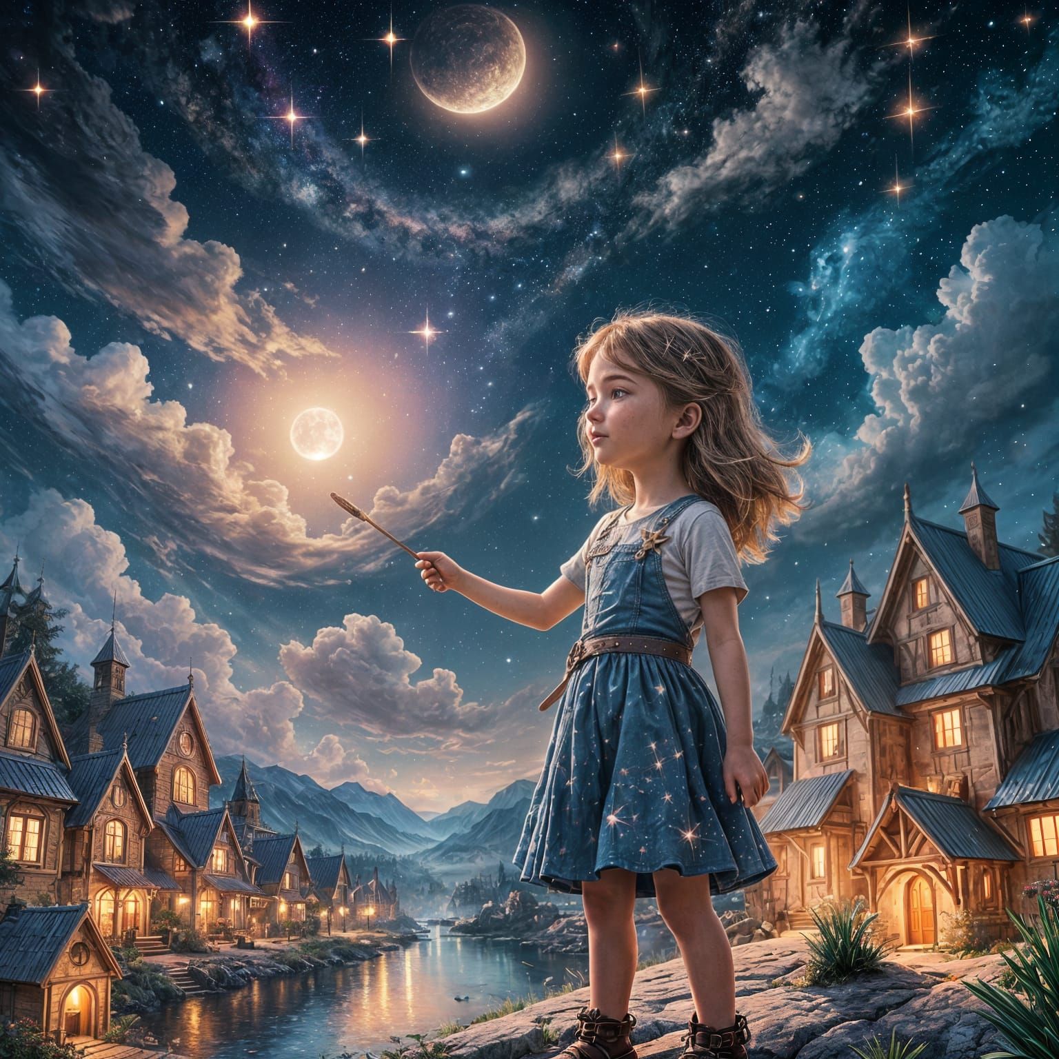 Girl Paints Stars: Detailed Matte Fantasy Painting