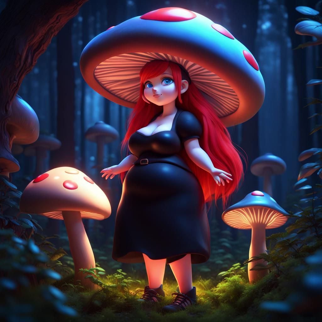 Chubby Mushroom Woman in Magic Forest: 3D Digital Art