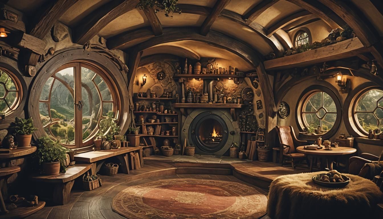 Modern Hobbit Hole Interior with Cinematic Lighting