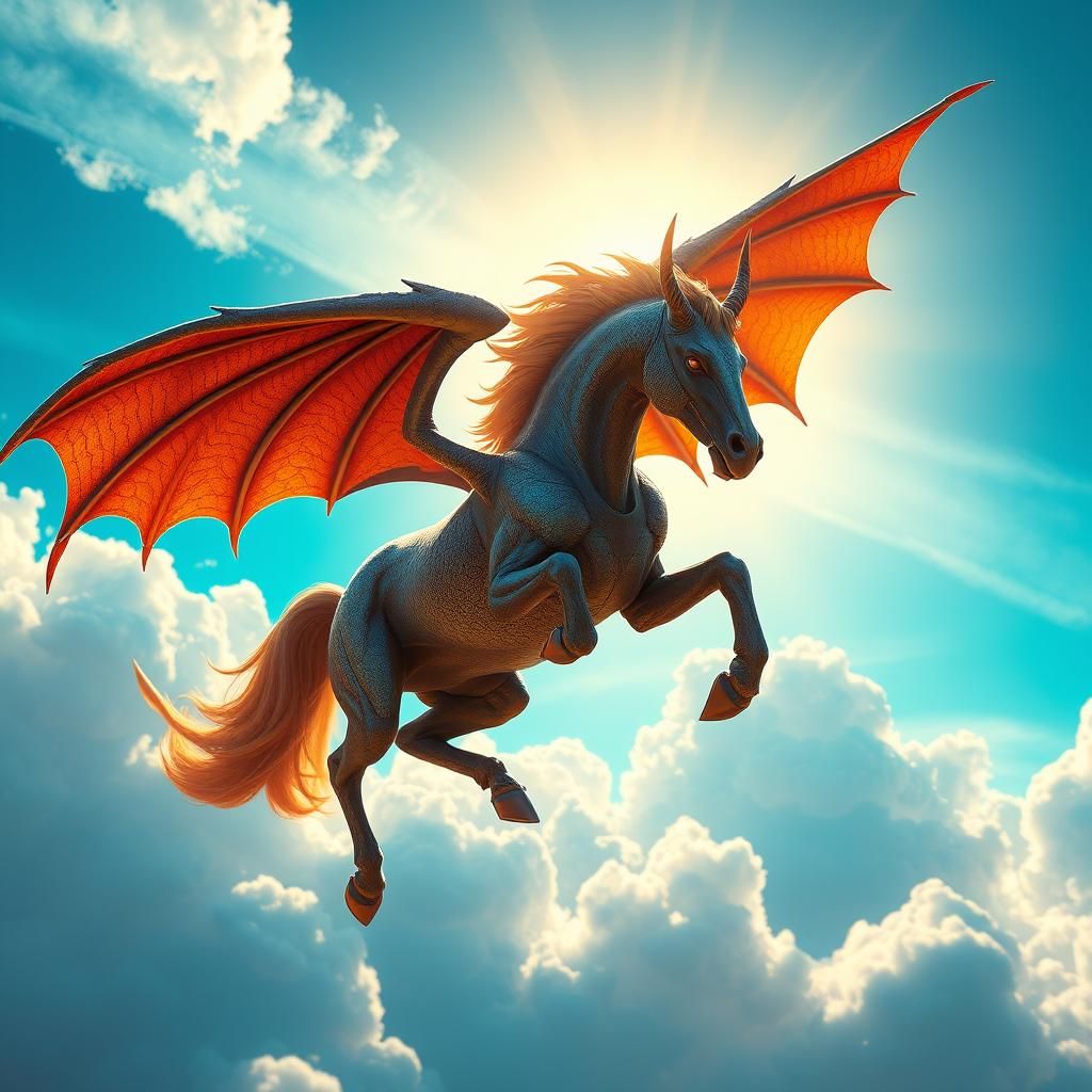 Equine-Demonic Creature Soaring in Electric Blue Sky