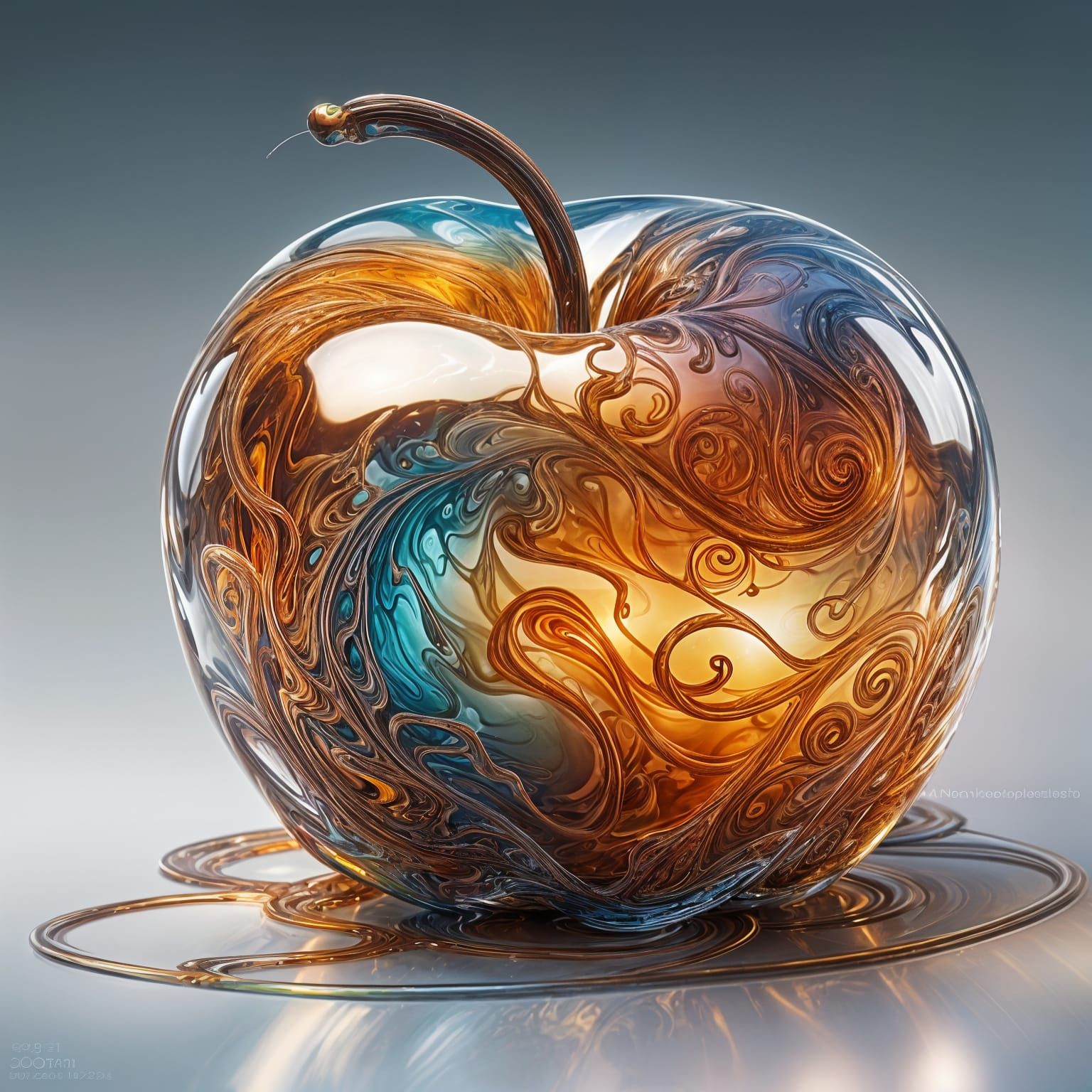 Glass Apple with Swirling Light Ribbons: Photorealistic Imag...